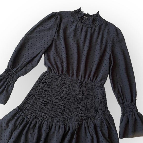 Goodnight Macaroon Mini Dress Textured Tiered Shirred Hips Black Crepe Dots 6 - Picture 3 of 10